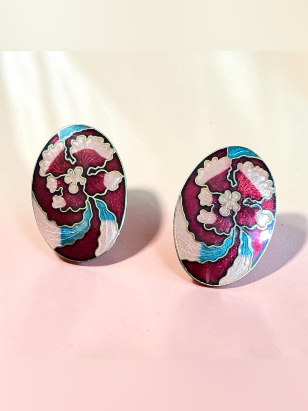 Floral Enamel Oval Stud Cloisonné Earrings in Magenta and Teal